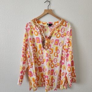 Women's 1X Linen Blend Pink  Tunic Casual Blouse